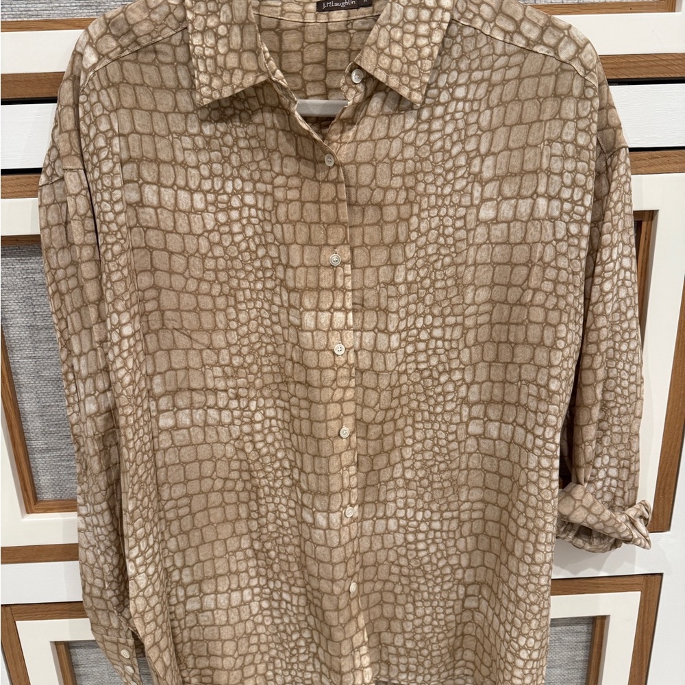 Women's Tan Crocodile Pattern Button Down Shirt